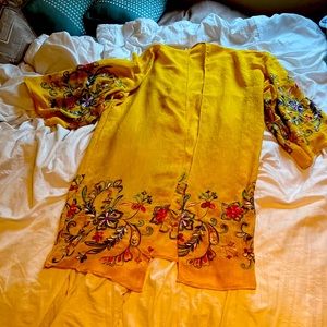 Mustard colored shawl with embroidered flowers